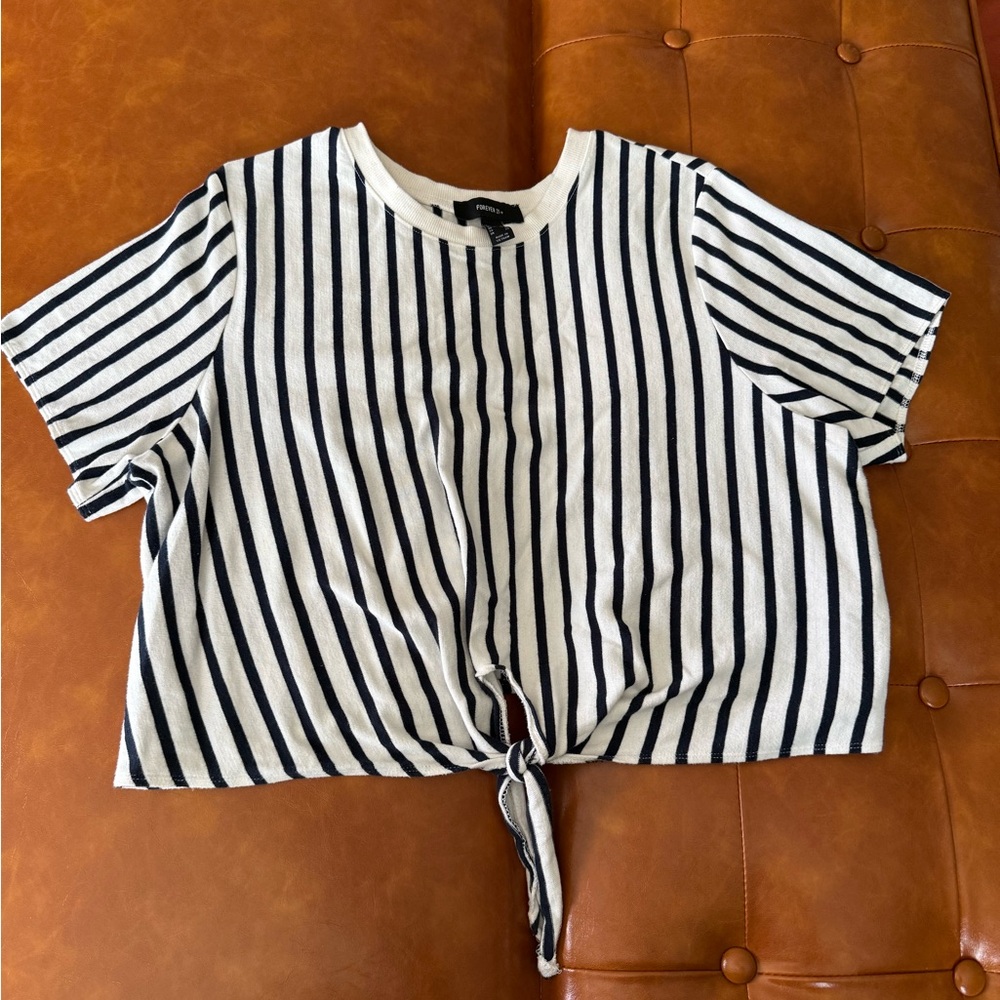 Forever 21 Navy & White Striped Tie-Front Crop Top